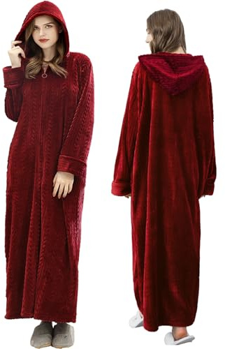 Oksun Womens Hooded Fleece Robe: Full Length Cozy Zipper Bathrobe - Plush Long Warm Winter Housecoat Nightgown (Wine Red, X-Large)