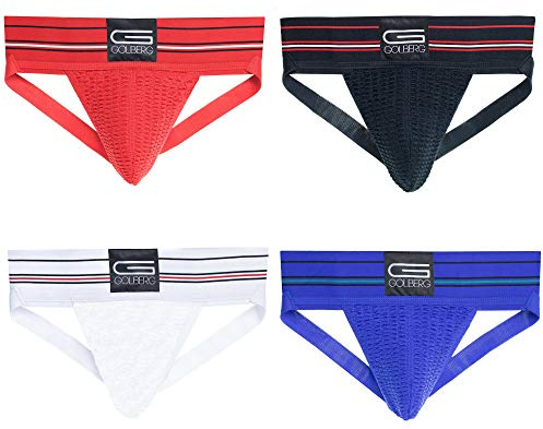 Golberg Mens Athletic Supporters - Contoured Waistband Jockstrap - 4 Pack, Blue/White/Red/Black, X-Large
