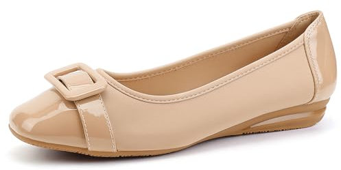 Greatonu Women's Flats Comfort Casual Square Toe Ballet Buckle Soft Walking Slip-on Dress Shoes Beige Size 7