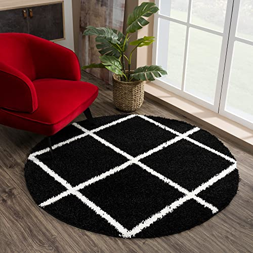 SANAT Madrid Shaggy Teppich Rund - Hochflor Teppiche für Wohnzimmer, Schlafzimmer, Küche - Schwarz, Größe: 120 cm