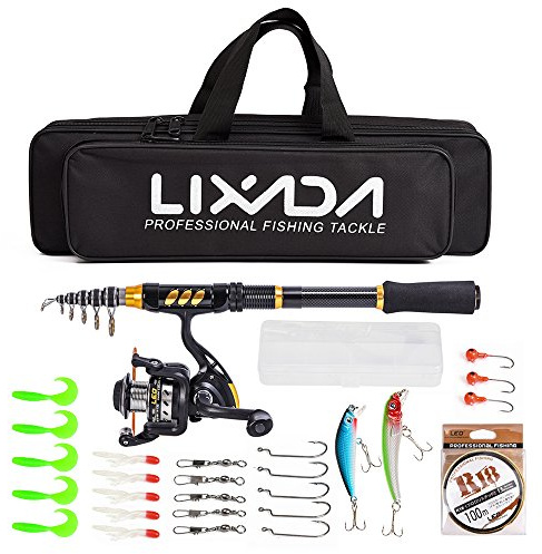 Lixada Fishing Rod Reel Combo Carbon Fiber Telescopic Fishing Rod Fishing Line Lures Hooks Jigs Swivels Saltwater Freshwater Travel Fishing Accessories Kit (Style-2 2.1M)