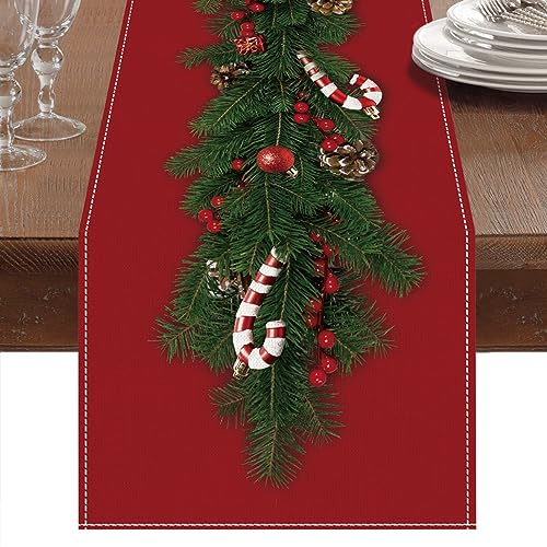 Camino de Mesa Navideño de Lino Rojo Con Estampado de Bastones de Caramelo y Campanas de Árbol, Adornos Largos para Decoración de Mesa de Cena (230x33cm)