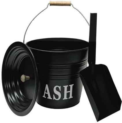 Trendi 12 Litre Black Metal Ash Bucket Wooden Handle & Lid Handle Fireplace Container Coal Storage | Log Holder | Fire Pit Wood Burning Stove Bin, Living Room, Fireplace (Ash Bucket & Shovel)