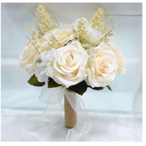 Hrlace Bouquet de mariée romantique - Rose artificielle - Bouquet de mariée - Demoiselles d'honneur - Pour photographie, accessoires de mariage, Saint-Valentin, fêtes, décoration d'intérieur - Beige