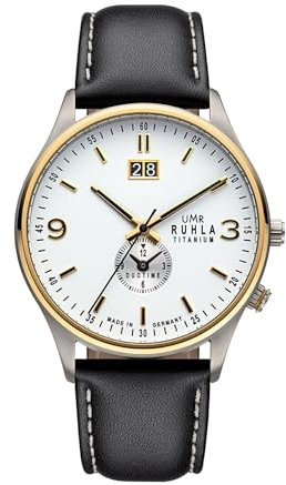 UMR RUHLA Armbanduhr, für Herren, Quarz, Titan, Lederarmband, Mineralglas, wasserdicht bis 5 bar - Made in Germany, Farbe:Weiß