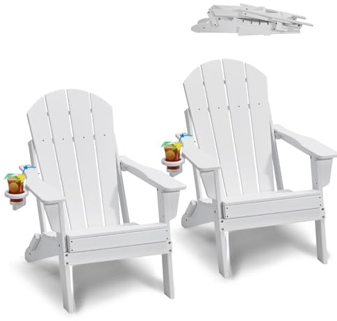 VEVOR Chaise Adirondack en Plastique, Lot de 2, Fauteuil de Jardin Pliant Portable, Charge 181,4 kg, avec Porte-Gobelet, Accoudoir Relaxant, pour Toutes Saisons, Extérieur, Patio, Arrière-Cour, Blanc