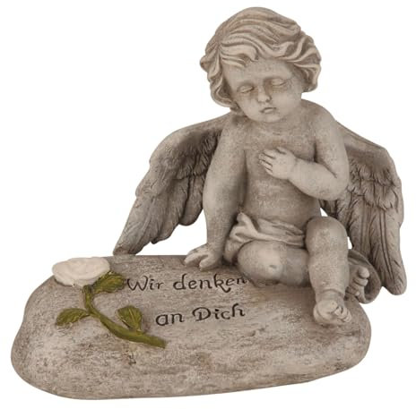 MF Grave Angel Polyresin 16 x 17 cm Grey with Saying Wir Denken an Dich [German Language]