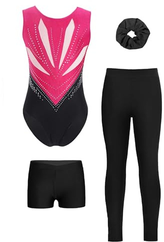 Miutii 4 delar. Gymnastikdräkt för flickor, glitter, gymnastikdräkt med shorts, byxor och hårsnodd, ärmlös, balettdräkt, gymnastik, leotard, skridskoåkning, danskostym, Mörk rosa och svart, 158-164