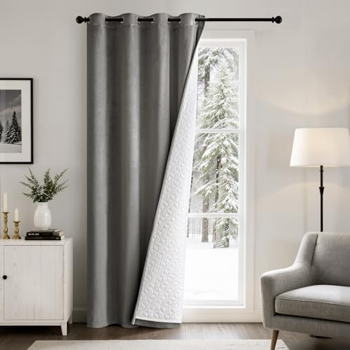Emema Ogenomskinliga gardiner dubbellager sammet termisk gardin värmeisolerande köldskydd mörkläggningsgardin 1 st gardin rumsavdelare dörrgardinen vinden, köldskyddsgardin vinter H 260 x 132 grå