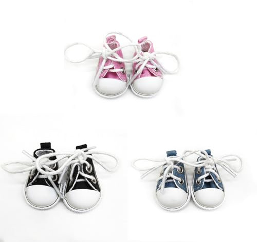 Mini Doll Shoes for 17cm Dolls – Cute Fabric Shoes, Tiny Doll Clothes for Dress Up – Gift for Doll Lovers & Collectors (Black+Blue+Pink)