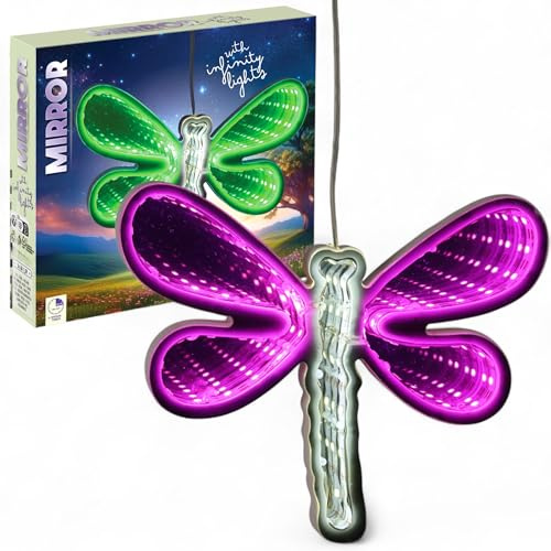 MIJOMA Figuras de espejo Infinity LED – Funciona con pilas con temporizador de 6 horas, luz decorativa de espejo con efecto infinito para ventanas y salas de estar (libélula)