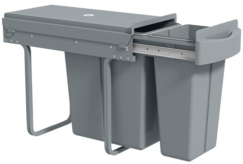 HOMCOM Abfallsammler 20L+10L Ausziehbar Einbaumülleimer Unterschrank Abfalleimer Mülleimer für Schränke mit 2 herausnehmbaren Fächern, mattiertem Deckel und Griff, Grau