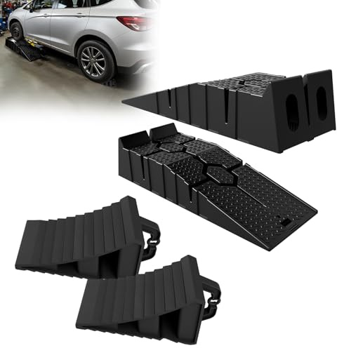 LZQ Juego de 2 rampas de plástico para carga pesada para coches, incluye 2 topes de rueda, cuñas para coche, plástico PP, rampa de carga + cuñas de freno, cuña de rueda para remolque, color negro