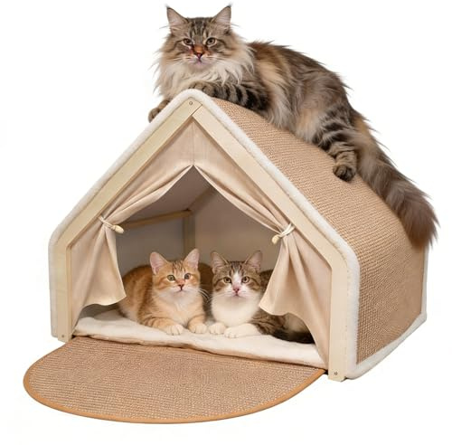 Katzenhaus & Katzenzelt aus Holz mit Sisal-Kratzbrett, 2-in-1 Katzenhöhle für Zwei Katzen, Bequemer Rückzugsort und Kratzplatz für Wohnungskatze