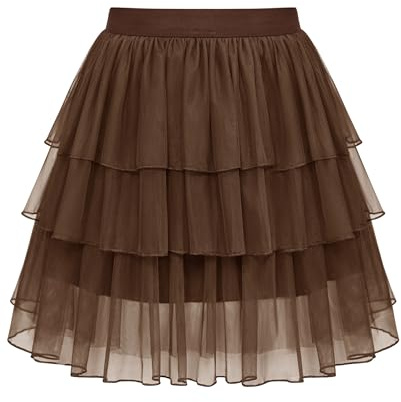Sopesil Gonna Tulle Donna Corta Sottogonna Strati A-Line tutù da Donna con Vita Elastica Petticoat Tulle Estate Halloween Carnevale Party Marrone Scuro,L-XL