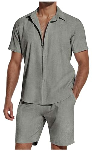 Generico Tuta Da Uomo Estiva Sportive Tempo Libero Completo 2 Pezzi In Cotone E Lino Camicia E Pantaloncini Con Elastico In Vita Tute Casual Hawaiano Casa Completa Palestra Leggero Traspirante