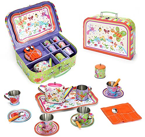 SOKA Bugs Metal Tin Teapot Set with Carry Case Toy for Kids - 18 Pcs Illustrated Colourful Design Toy Tea Party Set for Boys and Girls Pretend Role Play