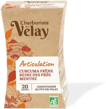 L'Herboriste du Velay - Infusion BIO Articulations - Curcuma, Reine de Prés, Menthe - Ingrédients 100% Issus de l'Agriculture Biologique - Conditionné au Puy-en-Velay - Boite de 20 Sachets