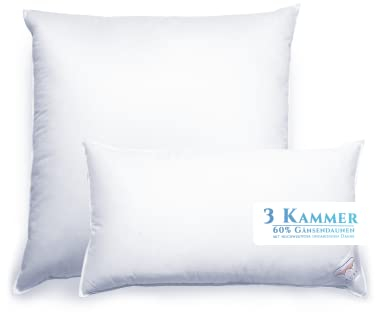 Aura® Luxus 3 Kammer Kopfkissen 40 x 80 cm, fest, außen: 90% Daunen hochwertige ungarische Klasse I, innen: Gänsefedern, Öko-Tex 100, Exklusiv 100% Baumwolle Bezug Daunenkissen