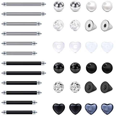 Funseedrr 18 Paar Ersatzstab Ersatzkugeln für Zungenpiercing Brustwarzenpiercing Nippelpiercing Edelstahl Acryl 14G 12/14/16mm Piercing Stab Kugeln
