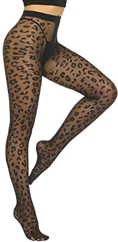 MANZI 20D Patterned Tights for Women Fishnet Stockings Women's Sheer Tights Ultra Thin High Waist Pantyhose (Leopard Tights)