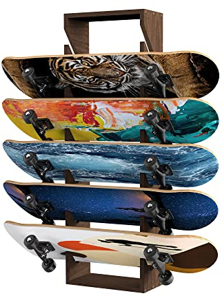 Gtouse Skateboardständer aus Holz, 6-lagiges Skateboard-Aufbewahrungsregal, Wandmontage, Skateboard-Halter, Display-Ständer für Deck, Skateboard-Zubehör, Häuser, Garagen, Clubs und Skate-Geschäfte