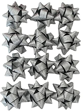Coccarde X Regalo, Fiocchi per Regali di Natale, Fiocchetti per Pacchetti Regalo Autoadesivi, Stelle Decorative per Natale, San Valentino e ogni ricorrenza, Diametro 4,5CM Adesivo 2CM 12 PZ Argento