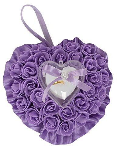 ISAKEN Ehering Box, Elegant Herzform Hochzeit Ringkissen Romantische Rosenherz Ringhalter Rosenbox mit Satin Blumen, Ringbox für Ehering, Ring, Brautjungfer, Hochzeitsring