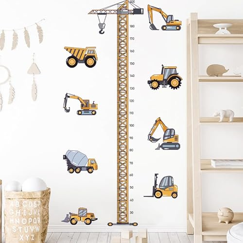 HGDESIGN® Väggdekal, väggklistermärke, höjd, mätband, träd, byggfordon, väggklistermärke, väggdekor, för barnrum, babyrum, barn, baby, pojke, flicka (B)