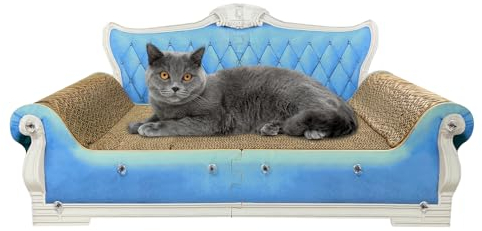 INRLKIT Luxury Cardboard Cat Scratcher Sofa Bed, Couch Shaped Scratching Board, Scratch Lounge with Catnip Toy, Cat Scratcher for Indoor Cats Large Blue 25.4x12