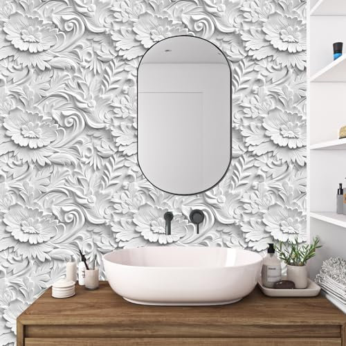 ReWallpaper 44.5cm×7m Self Adhesive Wallpaper Grey Pattern 3D Wallpaper Effect Floral White Vinyl Wrap for Furniture Bathroom Wall Paper Waterproof for Walls Embossed Vintage Wallpapers Flower