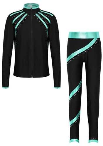 Manyakai Ensemble Tenue Patinage Artistique Fille Enfant Veste et Pantalon Legging Survêtement Sport Danse Yoga Workout 5-16 Ans Bleu vert 13-14 ans