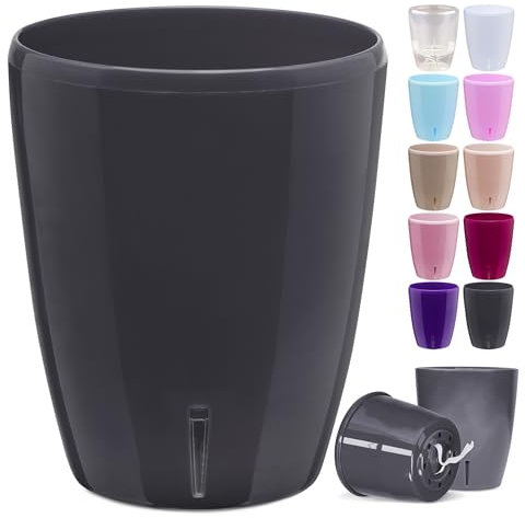 Happy Plants Orchideentopf D 12,5 cm Blumenkübel mit integriertem Wasserstandsanzeiger, selbstbewässernder Blumentopf mit Docht, Selbstbewässerungssystem für Orchideen - Anthracite 1,3 Liter