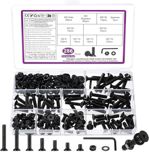 286 Pcs M5 Screws Set, M5 Bolts and Nuts Set, Countersunk Screws Nuts and Bolts Sets, Flat Head Machine Screw and Washers, Hex Socket Head Cap Screw Assortment with Wrench