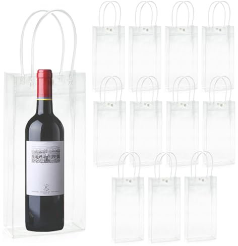 Lot de 12 sacs à glace pour bouteilles : 10 x 25 x 10 cm - Transparent - En PVC - Avec poignée - Pour bière froide, vin, boissons, fête, extérieur, camping