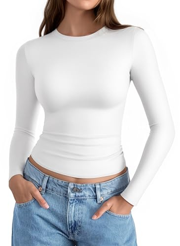 ALGALAROUND Women's T-Shirts Long Sleeve Tops Crew Neck Tight Shirt Fitted Ladies Top Going Out Basic Sexy Shirt Winter Tee Clothes Creamy White XL