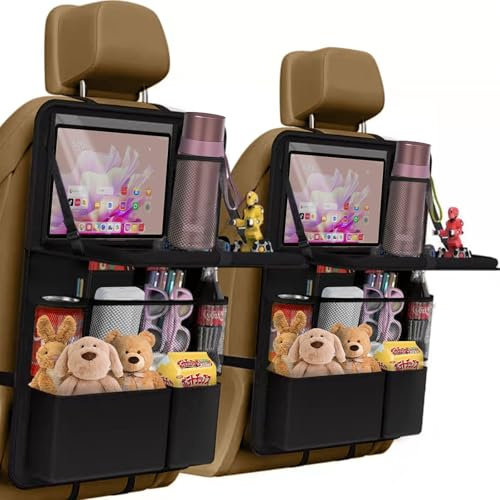 KENPOJO 2 Pezzi Organizer Auto, Grande Spazio Organizer per Auto Impermeable e Resistente con Tavolino Pieghevole, Oxford 18 Tasche Proteggi Sedile Carro Bambini Posteriore con Trasparente per Tablet
