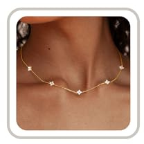 ZHESHY Gold Necklace for Women Non Tarnish Dainty 14k Gold Plated Choker Necklaces Trendy Cubic Zirconia Cute Clover Flower Diamond Gold Chains Stack for Wedding Prom Brides Jewellery Gift