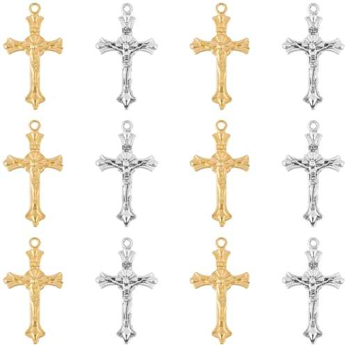 SUNNYCLUE 1 caja de 50 dijes de Cruz de Plata para Rosario, Pequeños Rosarios de Aleación de Metal, Cruces de Pascua, Crucifijos Dorados, Colgantes para Hacer Joyas, Collares, Pulseras, Manualidades p