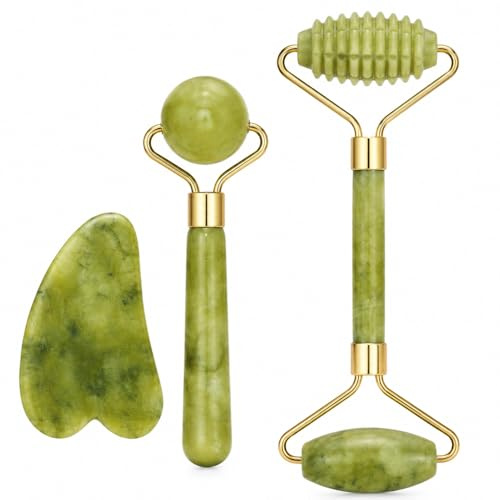 Set Gua Sha y rodillo de jade de 3 piezas, piedra de masaje facial de cuarzo natural, herramienta de elevación antienvejecimiento y alisado de arrugas para cara y cuello