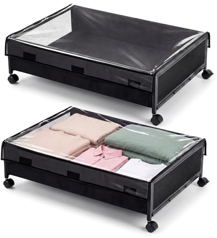 Levede Underbed Storage on Wheels Storage Boxes with Lid Metal Frame 2 Pack, Under Bed Shoe Storage Visible Storage for Clothes Shoes Toys Blankets