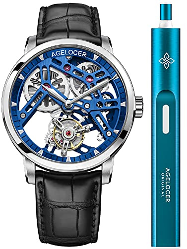 agelocer Orologio da polso da uomo con tourbillon traforato a doppio lato, meccanico, in pelle, Nk_9004a1, Cinturino