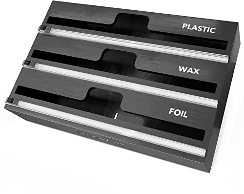 SpaceAid WrapNeat 3 in 1 Wrap Organizer with Cutter and Labels, Plastic Wrap, Aluminum Foil and Wax Bamboo Dispenser for Kitchen Storage Organization Holder for 12 Roll (Black)