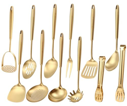 Guld köksredskapsset, 12 st matt serveringsredskapsset i mässing, 304 rostfritt stål köksredskap helt i metall – potatismosare, tång, spatel, köttgaffel, slev, skimmer sked, spaghettisked set