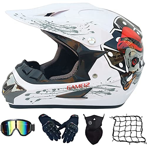 Casco Motocross Bambino Set, Casco da Cross, Casco Integrale da MTB Adulti E Bambini, Caschi Bicicletta Downhill MX Enduro con Occhiali Guanti Mask Rete Del Casco (S-XL, 52-59CM)