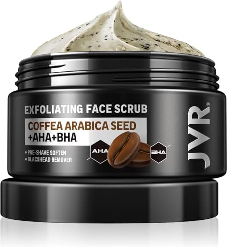 JVR Face Scrub for Men, Facial Scrub for Deep Exfoliating, Cleansing Blackheads, Ingrown Hair, Pre-shave Soften, Organic Formulated with Coffee Extract, AHA and BHA Face Exfoliator (4.23 oz)