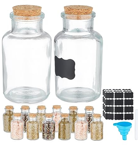 Relaxdays Gewürzgläser 14er Set, Korkdeckel, Gewürzdosen Glas, 150 ml, inkl. Etiketten, Stift & Trichter, transparent