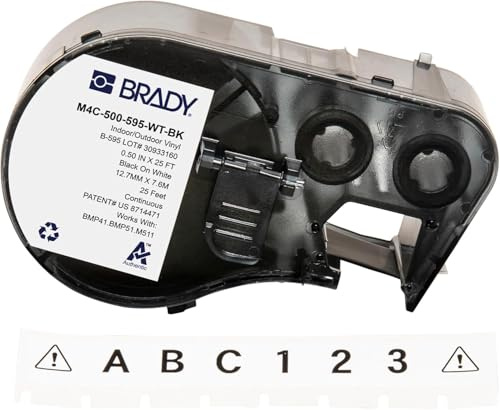 Brady Vinyl Label Tape for Label Printer BMP41/BMP51/BMP53/M511 - Self Adhesive Printer Labels - Black on White (12,70 mm (W) x 7,62 m (L)) - M4C-500-595-WT-BK