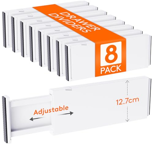 Lifewit Divisores de Cajones de 34-50cm Ajustable, Altura 12.7cm, Organizador Armario para Ropa/Utensilios/Maquillaje, Blanco Separador para Cocina/Escritorio/Tocador Almacenamiento, 8 Paquetes