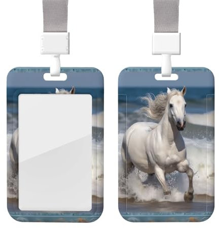 Porte-badge coulissant avec lanière - Porte-carte d'identité vertical - Cheval blanc courant sur la mer - Pochette de protection en plastique avec fenêtre transparente pour cartes de crédit pour